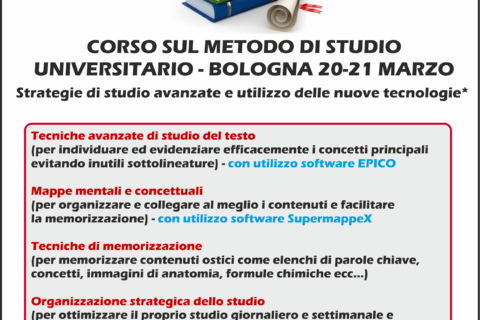 locandina corso sul metodo di studio universitario a Bologna 20 e 21 marzo